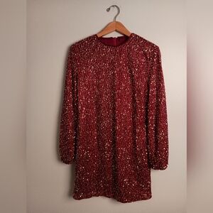 Women's Red Sequin Long Sleeve Dress